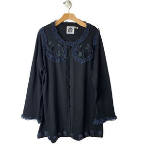 Storybook Knits Black Twilight Roses Applique Button-Up Sweater Cardigan Size 1X